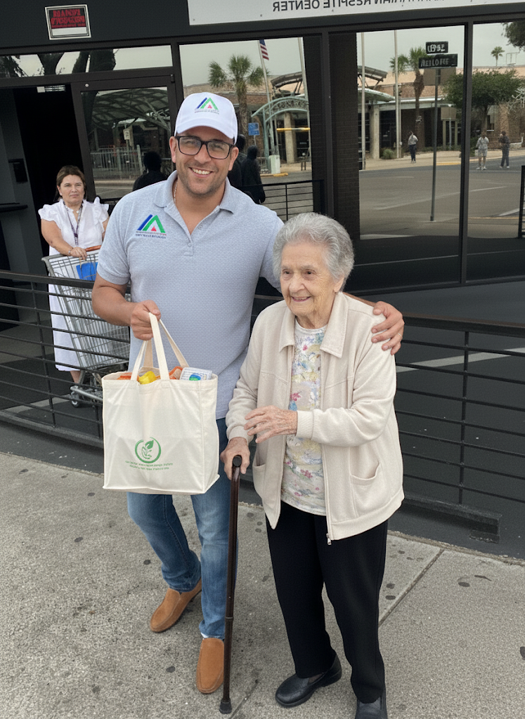 Voluntario ayudando a una anciana